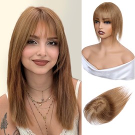 Inifale Hair Toppers for Women Clip in Bangs Real Human Hair,30g Light Brown Topper for Women 150% Density Silk Base Clip in Pieces Straight Hair for Thin Hair Daily Use
