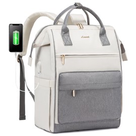 LOVEVOOK Laptop Backpack for Women, 17 Inch Work Teacher Nurse Bag, Large Capacity Business Computer Backpack Purse with USB Port, Stylish Casual Daypack for Travel,Beige&Grey