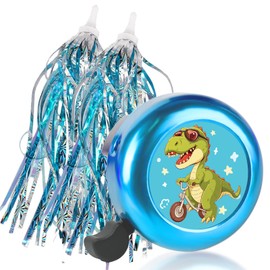 Kids Bike Bell with 2 Pcs Bike Streamers for Girls, Bicycle Pinwheel for Boys Girls Cute Children's Bike Accessories (Dinosaurs Bell+Tassels)