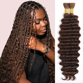 FAKOT Chocolate Brown Human Braiding Hair 100g 16 Inch Deep Wave Bohemian Hair for Braiding Human Hair, No Weft, Color 4, Boho Braids Human Hair, 2 Bundles/Pack