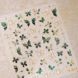 Jremg Butterfly Nail Art Stickers Green Butterflies Nail Decals 5D Embossed Gold Edge Design Nail Stickers Self-Adhesive Bronzing Gold Star Green Butterfly Nail Supplies for Women DIY Manicure Art