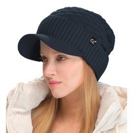 C.C Fuzzy Fleece Lined Warm Oversized Chunky Soft Stretchy Oversized Two Way Ribbed Slouchy Knit Hat with Visor Brim, Teal Grey