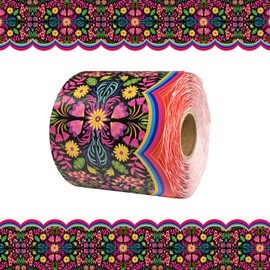 69 Feet Mexican Floral Bulletin Board Borders Spanish Colorful Scalloped Fiesta Flower Die Cut Trim Roll for Hispanic Heritage Month National Hispanic Wedding School Classroom Office Party Wall Decor