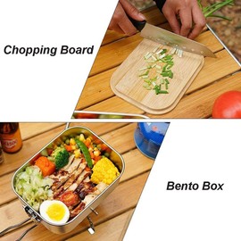 PWPAM Stainless Steel Camping Cookware Pot with Bamboo Chopping Board, Camping Mess Tin with Foldable Handle and Lid, Applicable for Camping Hiking BackPacking (30oz)