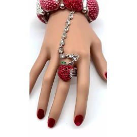 Unbranded Women Silver Metal Hand Chain Red Apples Bracelet Special Ring One Size Fit All