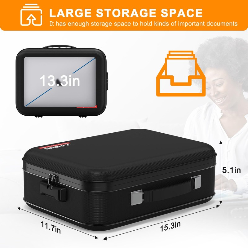 JUNDUN Fireproof Document Box,Hard Case Fireproof Document Organizer with Lock，Home