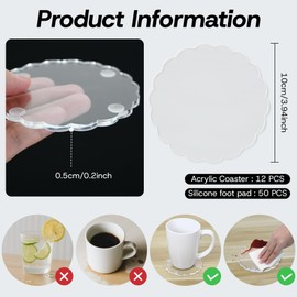 12 Pcs Scalloped Acrylic Coasters for Drinks Clear Coaster with Silicone Anti-Slip Dots Decorative DIY Coaster Table Protector for Home Ktchen Bar Office
