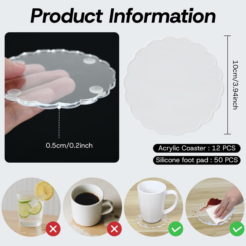 12 Pcs Scalloped Acrylic Coasters for Drinks Clear Coaster with