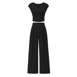 BTFBM Womens 2 Piece Outfits Summer 2025 V Neck Cap Sleeve Ruched Top Wide Leg Pants Sets Rib Knit Lounge Matching Set(Black, Medium)