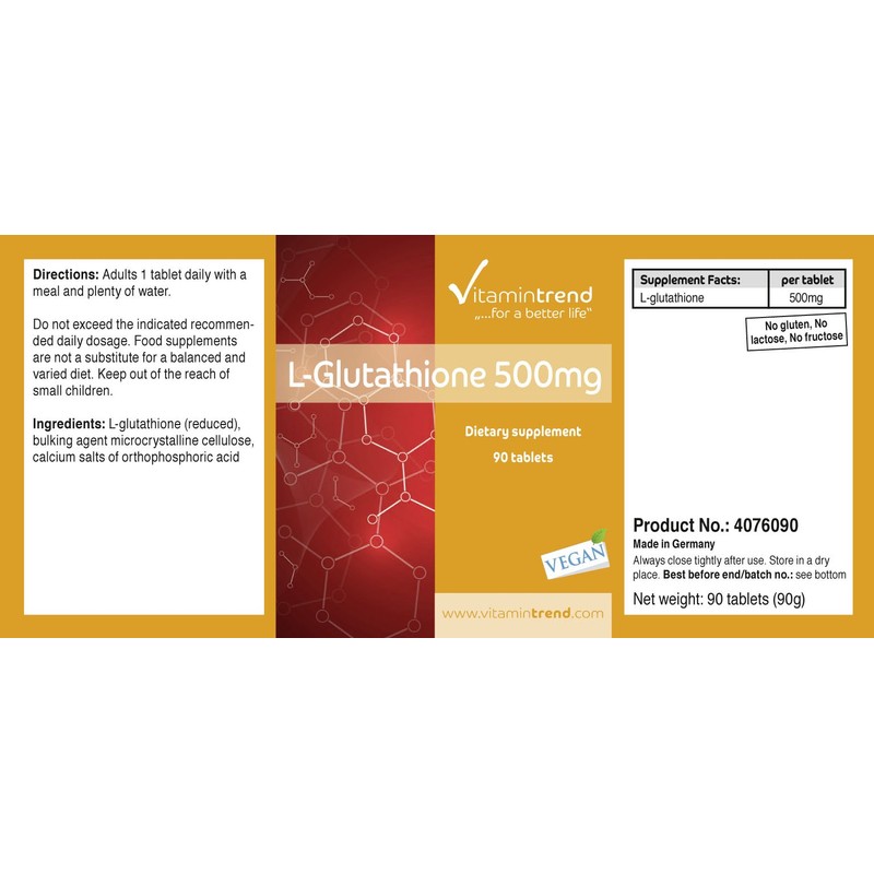 L-Glutathione 500 mg – Reduced – 90 Tablets – Vegan