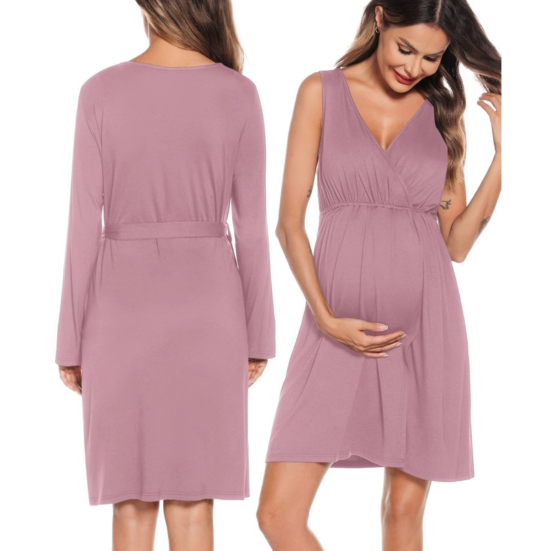 SWOMOG Women Maternity Nursing Gown and Robe Set 3 in