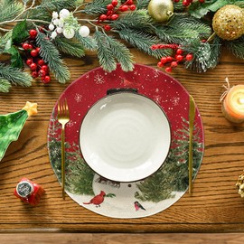 Artoid Mode Red Snowman Birds Christmas Round Placemats Set of 4 37 cm Winter Xmas Place Mats Washable Place Mats Kitchen Party Decoration