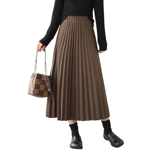 7-livehouse Pleated Skirt, Long Flared Skirt, Women's, Autumn, Winter, Body Cover, Solid, Slimming, A-line, Elastic Waist, Large Size, Loose, Stylish, Adult, Elegant, Work, Office, Travel, coffee