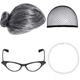Hmxpls 4Pcs Old Lady Costume Set - Grey Grandma Wig, Cap, Granny Glasses, Artificial Pearl Necklace