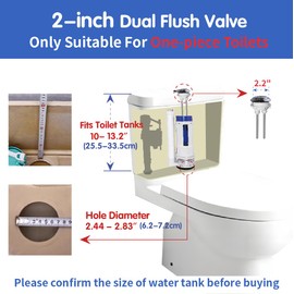 Ulinlo Pouly 2-Inch Dual Flush Valve Repair Kit for One Piece Toilet: Include 8" Height Flush Valve, 2.2" Threaded Button, 1/2 Fill Valve, 7/8 Adapter. Fits Tanks 10-13" Tall, Drain Holes 2.56-2.76"
