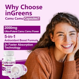 inGreens Organic Camu Camu Capsules 2000mg | High Natural Vitamin C, Powerful Antioxidant Blend | 60 Capsules, Non-GMO, Gluten-Free, Immune Support & Skin Health