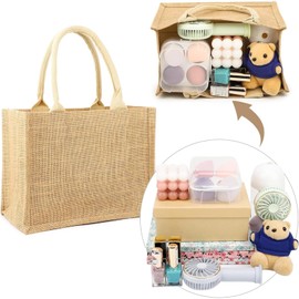 QIUPFGUT Jute Bag, Jute Tote Bag, Cotton Pocket Jute Shopper, Jute Bag, Women's Shopper, Large Shopping Bag with Handle, Shopping Basket, Tote Bag, Shopping Bag, 35x30x18cm