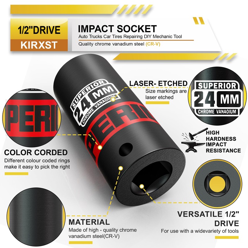 KIRXST 1/2" Drive 24mm Deep Impact Socket, 6 Point CR-V