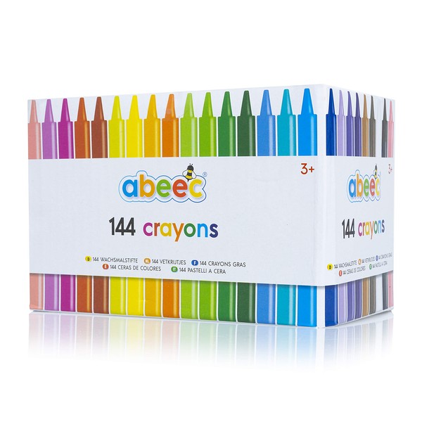 abeec 144 Crayons - Set of 144 Assorted Wax Crayons for Kids - 12 Different Coloured Colouring Crayons 6 of Each Colour – Art and Crafts Supplies for Kids