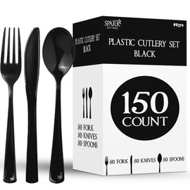 150 Pack Plastic Silverware Heavy Duty, Black Disposable Cutlery, 50 Spoons, 50 Forks, 50 Knives, Plastic Utensils Set for Home Office School Party Picnics Weddings & More - SparkSettings