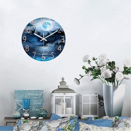 XFM Blue Wall Clock Battery Operated 12 Inch Round Silent Wall Clocks Modern Moon Forest Deer Decorative Clock for Kitchen Living Room Home Office