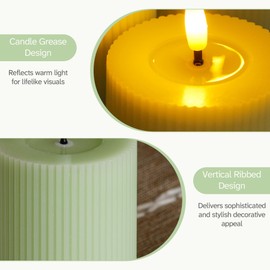 Vtobay LED Flameless Candles with Candle Grease,Vertical Stripe Battery Operated Flickering Real Wax Pack of 3 Sage Green Pillar with Remote Control and Timer(3"x 4",5",6")