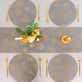 Snowkingdom 24 Pcs Fall Placemats, 13 inch Round Black Gold Leaf Thanksgiving Disposable Placemats, Gold Metallic Glitter Foil Maple Leaves Kitchen Dining Table Mats for Autumn Harvest Party Decor