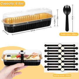 EgticHome Mini Loaf Pans with Lids and Spoons (100 Pack, Black-gold, 6.8oz) Rectangular Aluminum Foil Baking Pans