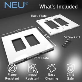 [5 Pack] NEU 2-Gang Screwless Oversize Decorator Wall Plates Child Safe Outlet Cover, 5.3" x 5.5", Unbreakable Polycarbonate Thermoplastic, Glossy White