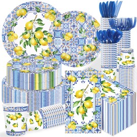 Greencian 400Pcs Capri Lemon Party Decoration Blue Tiles Plates Napkins Cups Forks Knives Spoons Blue Yellow Lemons Disposable Tableware Set for Wedding Bridal Shower Italian Party Supplies Serves 50