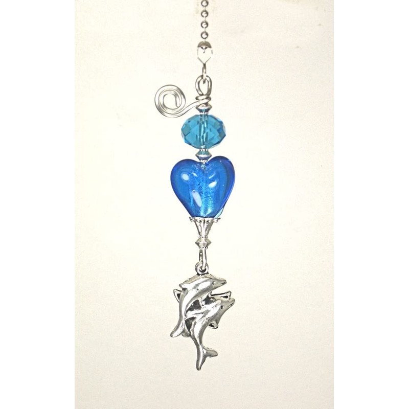 Silvery Dolphins and Starfish Blue Heart Glass Ceiling Fan Pull