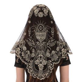 Bozidol Triangle Lace Church Veil - Traditional Black Gold Holy Family Embroidered Lace Mantilla Chapel Veils Catholic Mass Head Coverings for Women