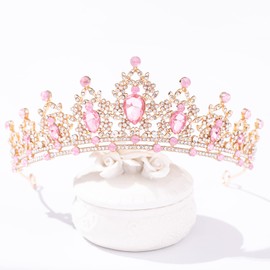 FORSEVEN Crystal Tiaras for Women, Wedding Tiaras and Crowns for Women Tiara for Girls Birthday Party Princess Crown Hair Accessories Bride Rhinestone Headbands (Gold+Pink)