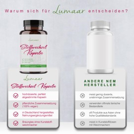 Stoffwechsel Kapseln mit Chlorella, Bakterienkulturen, Beta-Glucane und Eichhasefruchtkörper-Extrakt im Glasbehälter