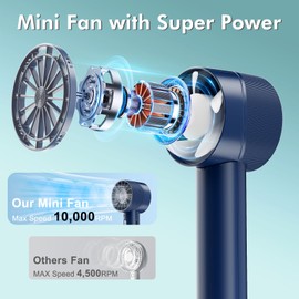 Furnsii Small Handheld Fan, Super Powerful Hand Fan with 4 Speeds 16 Hours USB C Rechargeable Battery Operated Portable Fan, Lightweight Mini Turbo Fan for Travel Outdoor Makeup Home Office, Blue