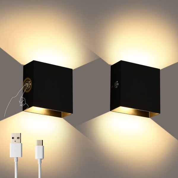 Lightess LG9939111 - Juego de 2 lámparas de pared LED con control táctil, regulables, recargables, color negro, luces de montaje en pared para pasillo, sala de estar, blanco cálido, LG9939111