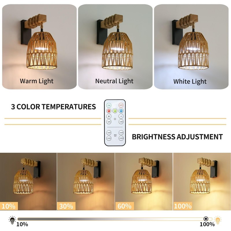Espossi Battery Operated Wall Sconce, Boho Battery Wall Sconces Set