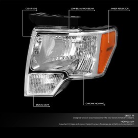 DNA MOTORING HL-OH-F1509-CH-AM Chrome Amber Headlights Replacement Compatible with 09-14 F-150
