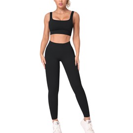 HORISUN Workout Sets for Women 2 Pieces Seamless Ribbed Sports Bra Set High Waist Leggings Padded Crop Tops Slimming Yoga Pants Gym Exercise Outfits