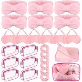 36 Pcs Spa Party Supplies, Plush Pink Sleepover Party Favors, Spa and Slumber Party Set, Includes Hair Accessories, Eye Masks, Towels, Transparent Makeup Bags, Great for Sleepover Fun