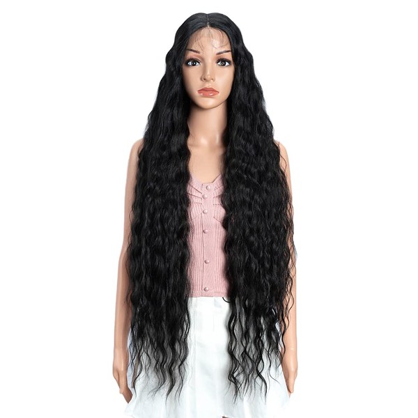 Joedir 38'' Super Long Wavy Wig Black Lace Front Wigs with Baby Hair T-Part Lace Wig HD Transparent Synthetic Wig for Women