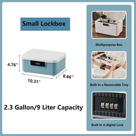 PENCK Small Lockable Storage Container Bin 2.3 Gallon/9 Liter Plastic Lock Box Versatile Organizer with Changeable Lock for Outdoor Travel Home Office School, White&Blue