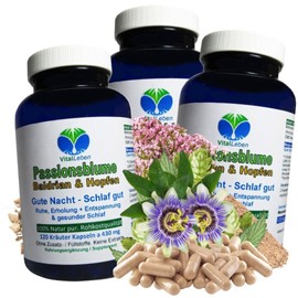 Passion Flower + Baldrian + Hops 360 (3x120) Good Night - Sleep Well Capsules - In the Peace Lies the Strength - Soothing & Relaxation + Fall asleep & Sleep Through Without Additives 26690-3