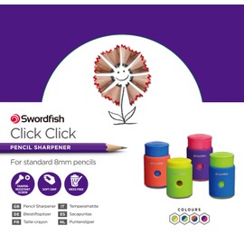 Swordfish ‘Click Click’ Pencil Sharpener with Mess-Free Canister [Pack of 1] Assorted Colours [40331], Yellow,Blue,Green,Pink