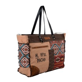 Myra Bag Western Leather Weekender Bag for Women, Upcycled Canvas Shoulder Bag - Southwest Bound