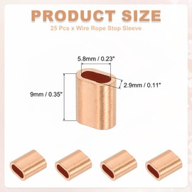 sourcing map 1/8"(2.5mm) Wire Rope Stop Sleeve, Copper Crimping Loops Sleeve Oval Crimp Ferrules for Wire Rope and Cable Ferrule, Gold 25Pcs
