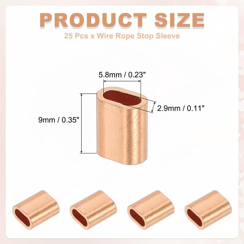 sourcing map 1/8"(2.5mm) Wire Rope Stop Sleeve, Copper Crimping Loops