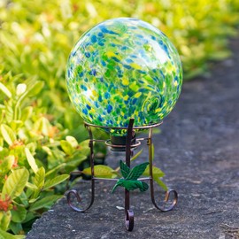 VEWOGIFT 10 Inch Glass Gazing Ball, with 9.4" Tall Metal Gazing Globe Stand, Glass Balls Display Holder Set for Outdoor Garden Lawn Yard Decoration, Bright Summer Burst
