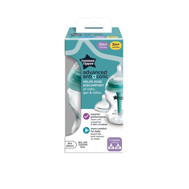 Tommee Tippee Advanced Anti-Colic Baby Bottle, 9oz, Slow and Medium