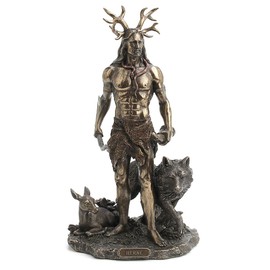 VERONESE DESIGN 11 3/4 Inch Tall Herne The Spirit Hunter of Windsor Forest Standing with Deer and Wolf Cold Cast Bronzed Resin Sculpture Celtic Wicca Statue